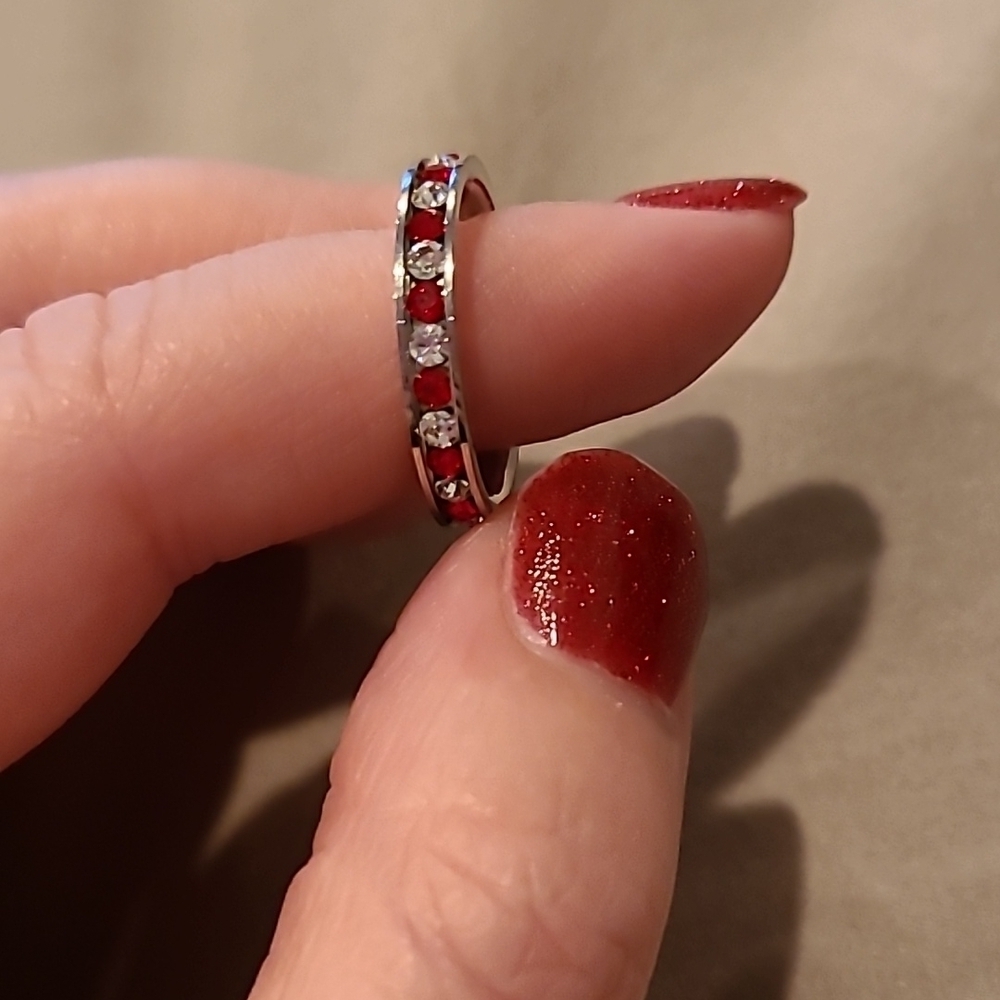 Channel set red and clear stones cubic zirconia stainless steel eternity ring - Picture 8 of 9